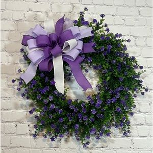 Stunning Purple Flower and Boxwood Wreath.  Perfect for your Everyday Home Decor